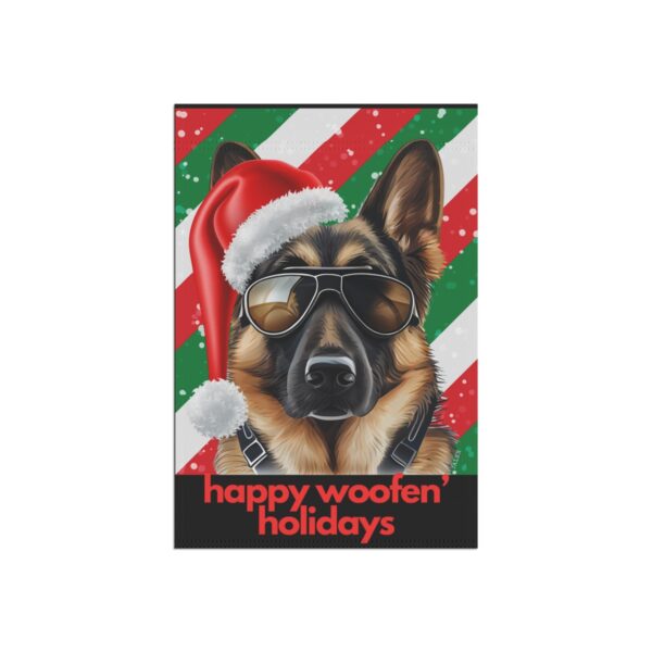 German Shepherd Flag, Garden Flag, Happy Woofen' Holidays, House Flag, Banner, Printed Both Sides - Image 3