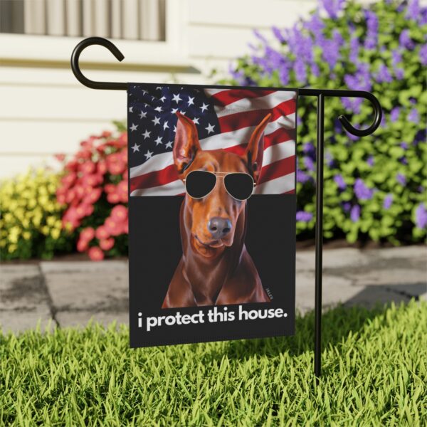 Red Doberman Flag, Garden Flag, I Protect This House, Patriotic, USA, United States, American, House Flag, Banner, Printed Both Sides